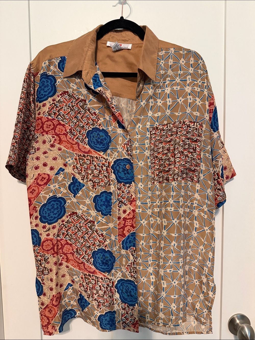 Vintage 80s 90s 100% Silk Short-Sleeve Patchwork Print Shirt - Beige & Blue